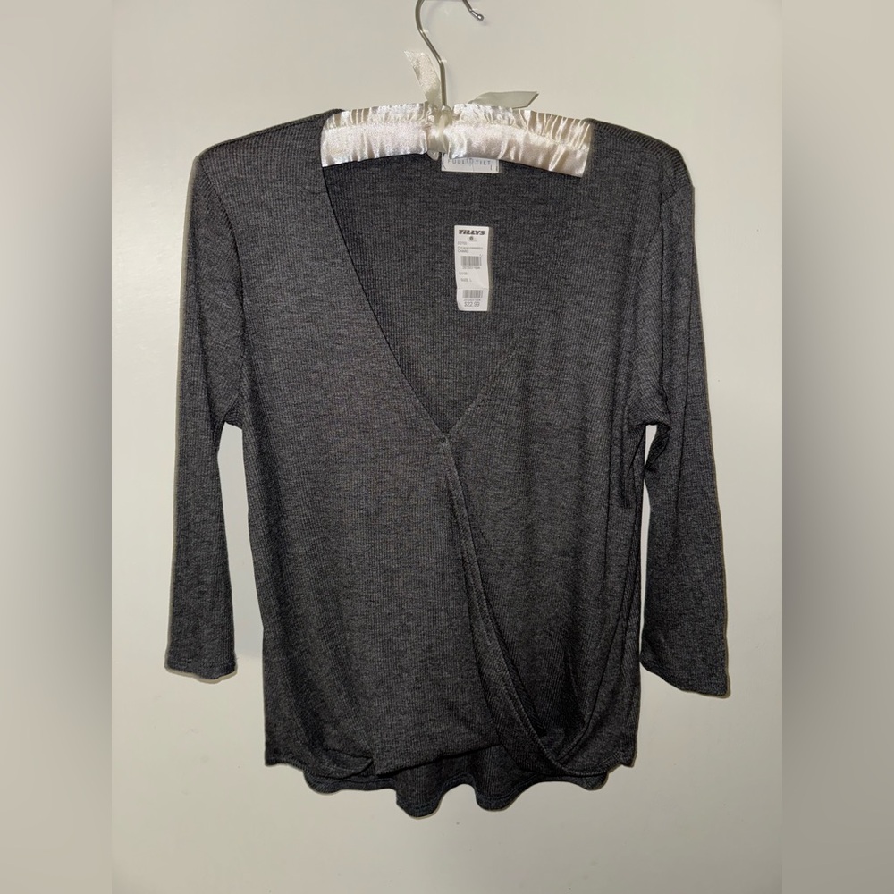 Full Tilt Gray Wrap Blouse with 3/4 Sleeves